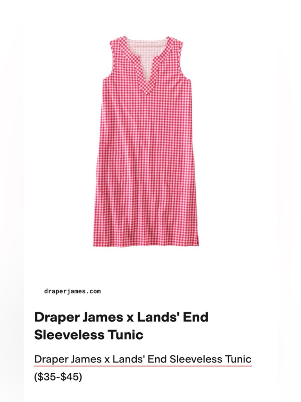 Land’s End x Draper James Tunic Sleeveless Dress Red & White Gingham Size Medium